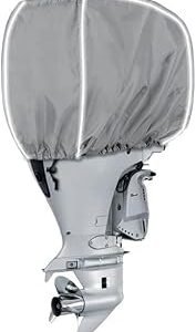 600D Fade and Crack Resistant Trailerable Outboard Motor Cover, Waterproof Boat Motor Covers, Boat Engine Cover with Reflective Strips and Adjustable Strap, Gray(Fits 50-115 HP)