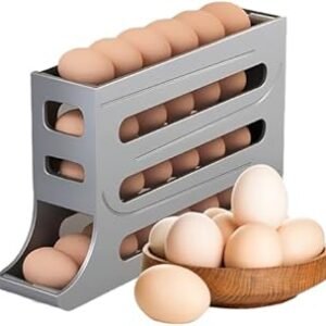 Egg Dispenser and Roller - Automatic Tray Organizer, Space Saving Refrigerator Storage, Holds 28 Eggs, for Kitchen, Cabinets, and Dining Table (Grey)