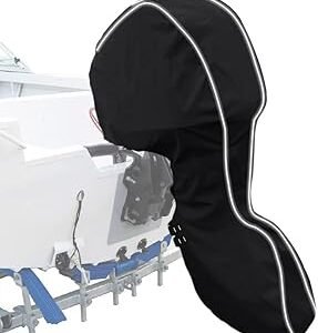Upgraded 600D Fade and Tear Resistant Trailerable Full Outboard Motor Cover,Waterproof and UV-Proof Boat Motor Cover,Boat Engine Cover with Reflective Strips and Adjustable Strap(Fits 100-150 HP)