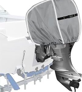 600D Outboard Motor Cover, Waterproof Fade and Crack Resistant Trailerable Boat Motor Covers, Windproof Boat Engined Covers with Adjustable Strap, Gray(Fits 115-225HP)