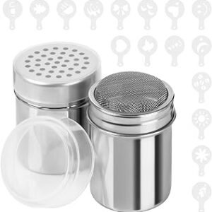 2 Pack Powder Sugar Shaker Duster & Seasoning Shaker - Fine & Large Mesh Powder Shaker for Baking Soda, Cinnamon, Salt, Sugar, Msg - Includes 16 Coffee Stencils