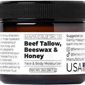 Santa Cruz Paleo Beef Tallow for Skin, Grass Finished & Grass Fed Beef Tallow and Honey Balm Body & Face Moisturizer, Organic Beeswax and Organic Honey, Light Scent, Moisturizing Natural Formula, 2 Oz