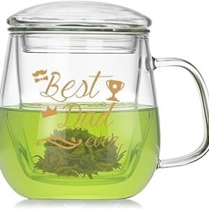 Glass Tea Cup 17.6oz, “Best Dad Ever” Fathers Day Cup with Gift Box, Gifts Mug for Dad, Glass Mug Teacup, Tea Cups for Dad Birthday, Perfect for Grandpa & Son