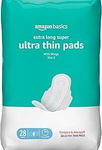 Amazon Basics Ultra Thin Pads with Flexi-Wings for Periods, Extra Long Length, Super Absorbency, Unscented, Size 3, 28 Count, 1 Pack (Previously Solimo)