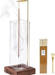 Incense Holder, Wooden Incense Holder for Sticks with Glass Ash Catcher, Anti-ash Incense Burner with 20 Incense Sticks and a Ash Brush for Meditation Yoga Spa Room Decor