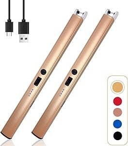 2 PCS Candle Lighter,Windproof Flameless Electric Lighter with LED Power Display ＆ Safety Switch, Upgraded Plasma USB Rechargeable Lighters for Birthday Camping BBQ (Champagne Gold)