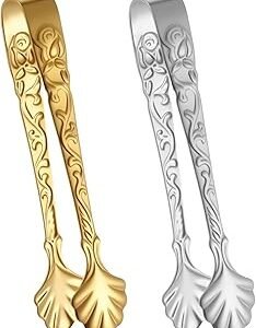 Sugar Cube Tongs 2Pcs Ice Tong Gold & Silver Rose Handle Sugar Tongs Mini Serving Tong with Vintage Rose Relief Handle Stainlesssteel Ice Cube Clip Small Food Clip for Tea and Coffee Party Bar Dessert