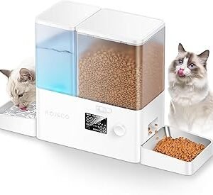 Rojeco 36Cups/8.5L Pet Automatic Cat Feeder and Gravity Water Dispenser,Stainless Steel Bowls 2-in-1 Set Large Capacity 5L Food Feeder and 3.5L Water Fountain for Cats,Pets,Small Dogs,Puppies,Kittens