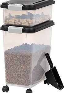 IRIS USA Dog Food Storage Container, 30 lbs & 11 lbs Combo, Cat Food Storage Container, Dog Treat Container, Airtight, Stackable, 2-Cup Scoop, Wheels, Easy Mobility, Black