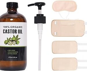 Organic Cold Pressed Unrefined Castor Oil (16oz/473ml), Castor Oil Pack Kit with Organic Cotton Wrap for Waist, Knees, Neck