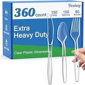 360 Count Extra Heavy Duty Clear Plastic Silverware, 150 Forks, 150 Spoons, 60 Knives, BPA-Free, Heat Resistant, Disposable Plastic Utensils Set, Plastic Cutlery Set, Plasticware Bulk