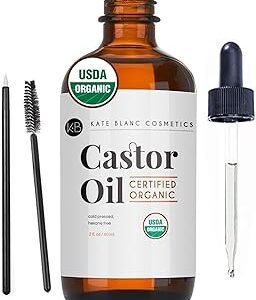 Kate Blanc Cosmetics Castor Oil Organic (2oz), 100% Pure, Cold Pressed, Hexane Free. Natural Oil for Hair, Eyelashes, Eyebrows. Skin Moisturizer with Starter Kit
