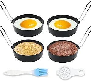 Stainless Steel Egg Rings for Frying Eggs（4 Pack） - 3.5" Round Non Stick Griddle Rings with Oil Brush, Egg Sandwich/Pancake/Cooking Molds, Breakfast Maker Accessories & Egg Separator