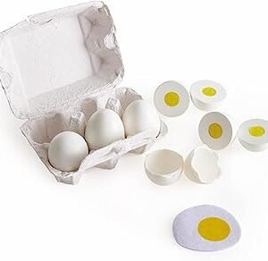 Hape Egg Carton | 3 Hard-Boiled Eggs with Easy-Peel Shell & 3 Fried, Wooden Realistic Educational Toy for Children 3+, White and Yellow (E3156)