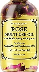 Multi-Use Oil for Face, Body and Hair - Organic Blend of Apricot, Vitamin E and Sweet Almond Oil Moisturizer for Dry Skin, Scalp and Nails - Rose Petals, and Bergamot Essential Oil - 4 Fl Oz