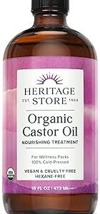 HERITAGE STORE Organic Castor Oil - Glass Bottle - Nourishing Treatment for Hair and Skin - Eyelash Serum for Eyelashes, Brows, Castor Oil Packs - Cold Pressed, Hexane Free, Vegan 16oz