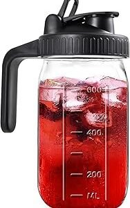 Mason Jar Pitcher, 32 OZ Glass Pitcher with Lid Double Leak-proof with Handle Water Jug Wide Mouth Breast Milk Pitcher Fridge Container for Water, Juice, Iced Coffee, Tea, Juice - Black