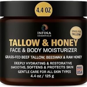 Tallow Face Moisturizer & Body Cream – Daily Moisturizer with Grass-Fed Beef Tallow, Raw Honey, Shea Butter – Hydrating Cream for Dry Skin, Hands, Feet, Eczema 4.4 oz