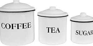 Creative Co-Op Metal Containers with Lids, Coffee, Tea, Sugar (Set of 3 Sizes/Designs)