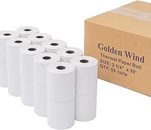 50 Rolls, 2 ¼" x 50' GOLDEN WIND Thermal Paper Receipt Rolls for Credit Card Machines, 55gsm Premium Quality, White.