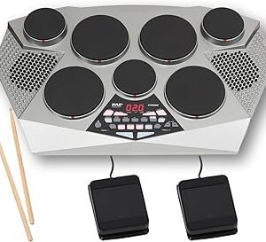 Pyle Pro Electronic Drum kit - Portable Electric Tabletop Drum Set Machine with Digital Panel, 7 Drum Pad, Hi-Hat / Kick Bass Pedal Controller USB AUX -Tom Toms, Hi-Hat, Snare Drums, Cymbals - PTED06