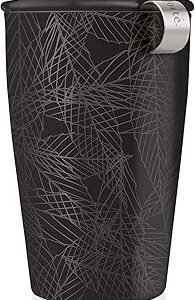 Tea Forte Noir Double-Walled Ceramic Kati Cup with Removable Stainless Steel Infuser Basket and Lid, Steeps 12 oz Loose Leaf Tea, Lid and Cup Dishwasher & Microwave Safe