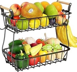 ANTOPY 2 Tier Fruit Basket with 2 Banana Hangers, Countertop Fruit Vegetable Basket Bowl for Kitchen Counter Metal Wire Fruits Storage Stand Holder Organizer for Bread Snack Veggies Produce