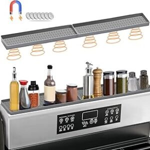 BFONS 30" Magnetic Stove Top Shelf Spice Rack Storage, Silicone Top Heat Material Stove Rack Shelf Flexible Seasoning Organizer Kitchen Shelves Gadgets with 2 Functional Prtitions for Kitchen （Grey）