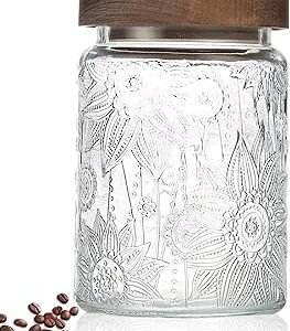 24 OZ Airtight Glass Storage Jar with Bamboo Lid - Vintage Glass Jar Vintage Food Containers Canisters Set for Kitchen Counter & Pantry - Ideal for Sugar, Flour, Coffee, Tea, Candy, Oats, Cereal