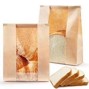 50 Pack Large Bread Bags for Sourdough Bread, 8.2 x 3.5 x 13.7 Inches Kraft Paper Bakery Bag with Windows Tin Tie Tab Lock Bread Loaf Bags