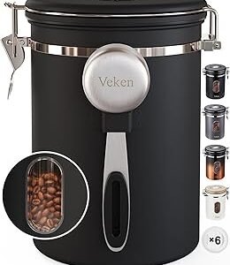 Veken Coffee Canister with Window,Coffee Bar Accessories,Airtight Stainless Steel Kitchen Food Storage Container Lover Gifts,Date Tracker and Scoop for Grounds,Beans,Tea, Sugar,Flour,Cereal,22OZ,Black