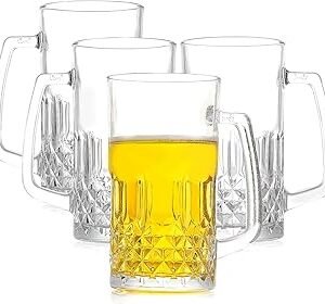 Glass Mugs with Handles, Beer Glasses for Freezer, 4 packs Lead-Free freezer mugs, 17 oz Heavy Duty Thick Clear Large Tall Beer Glasses for Cocktail, Water and coffee