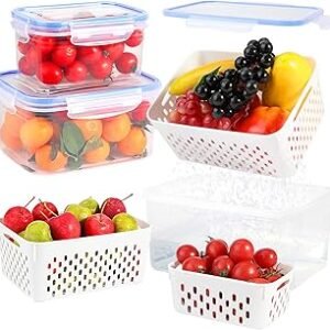 3 Pack Fruit Storage Containers for Fridge, Airtight Food Storage Containers with Removable Colander, Produce Saver Organizers Storage for Refrigerator, Keep Fruit Vegetable Meat Berry Fresh Longer