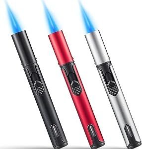 Urgrette 3 Pack Butane Torch Lighters, 6-inch Refillable Pen Lighter Adjustable Jet Flame Butane Lighter for Grill BBQ Camping (Gas Not Included)