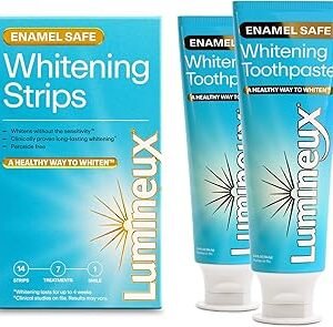 Lumineux Whitening Starter Set – Peroxide Free - Enamel Safe for Whiter Teeth – Includes 7 Whitening Treatments & 2 Pack Whitening Toothpaste, Fluoride Free & Dentist Formulated
