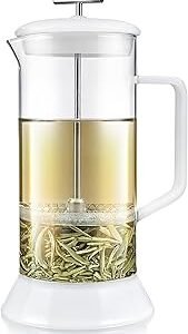 Teabloom Toulouse Borosilicate Glass Tea Press and Coffee Maker with No Plastic, 24-Ounce (700 mL) - Frost White