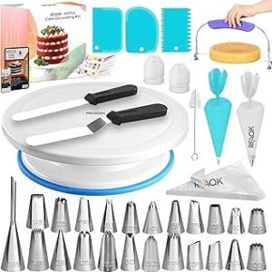RFAQK 64 PCs Cake Decorating Kit for Beginners Includes Video Course, Booklet + Baking Supplies Gift - Cake Stand, Leveler, 24 Numbered Piping Tips, Straight & Offset Spatula, & Scraper sets