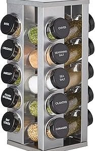 Kamenstein 20 Jar Heritage Revolving Countertop Spice Rack Organizer with Spices Included, FREE Spice Refills for 5 years, Brushed Stainless Steel with Black Caps