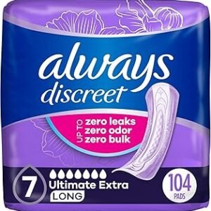 Always Discreet Adult Incontinence Pads for Women, Ultimate Extra Absorbency, Long Length, Postpartum Pads, 104 Count (Packaging May Vary)