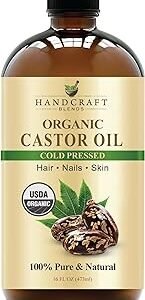 Handcraft Blends Cold-Pressed Organic Castor Oil in Glass Bottle - 16 Fl Oz - 100% Pure and Natural - Premium Grade Carrier Oil for Hair Growth, Eyelashes and Eyebrows - Hair and Body