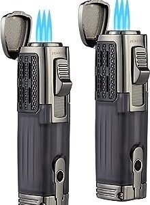 Cigar Lighter Triple Jet Flame Torch Lighter Refillable Butane Lighter with Cigar Punch, 2 Pack, Charcoal