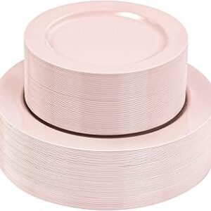FLOWERCAT 100PCS Pink Plastic Plates - Heavy Duty Pink Party set Disposable serve for 50 guests -10.25inch Dinner + 7.5inch Dessert/Salad Plates for Easter,Mother's Day