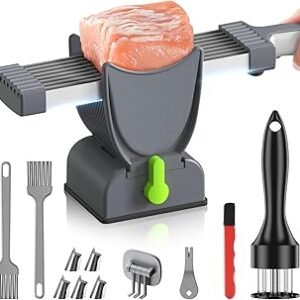 Fresh Meat Slicer Manual, Adjustable 2mm/4mm Thickness, 17-in-1 Stainless Steel Knife Set, Beef, Chicken, Meat Cleavers can be Sliced, Striped (Not for Frozen/Deli Meat)