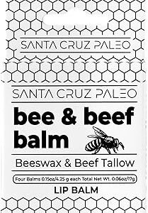Santa Cruz Paleo Grass Fed Beef Tallow & Beeswax Lip Balm, 4 Pack, Beef Tallow for Skin Care Moisturizer, Lip Care for Dry Chapped Lips, Hypoallergenic for Sensitive Skin, Long Lasting & Vitamin Rich