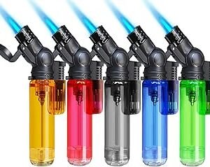 5 Pack Torch Lighter Mini Refillable Butane Lighters Single Jet Flame 45° Rotatable Torch Lighters Windproof Adjustable Butane Gas Lighter for Candle Camping Fireplace Party BBQ Grill(Without Fuel)