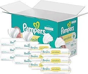 Pampers Sensitive Baby Wipes, Water Based, Hypoallergenic and Unscented, 8 Flip-Top Packs, 4 Refill Packs (1008 Wipes Total)