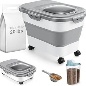 ANVS Airtight Collapsible Pet Food Container With Casters, Scoop and Small Container - Keeps Up To 20lbs Dry Dog Food Fresh (Grey)
