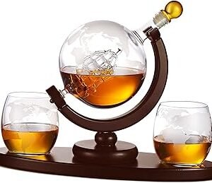 Whiskey Decanter Globe Set with 2 Etched Whiskey Glasses - for Liquor Scotch Bourbon Vodka, Gifts For Men - 850ml