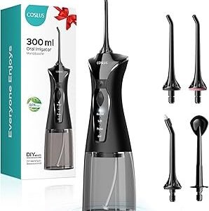 COSLUS Water Dental Flosser Pick for Teeth: 4 Modes Cordless Portable 300ML Larger Tank Water Teeth Cleaner IPX7 Waterproof Flossing Cleaning Picks for Home Travel Black C30(FC5360)