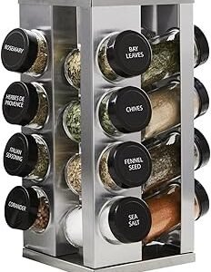 Kamenstein 16 Jar Heritage Revolving Countertop Spice Rack Organizer with Spices Included, FREE Spice Refills for 5 years, Brushed Stainless Steel with Black Caps